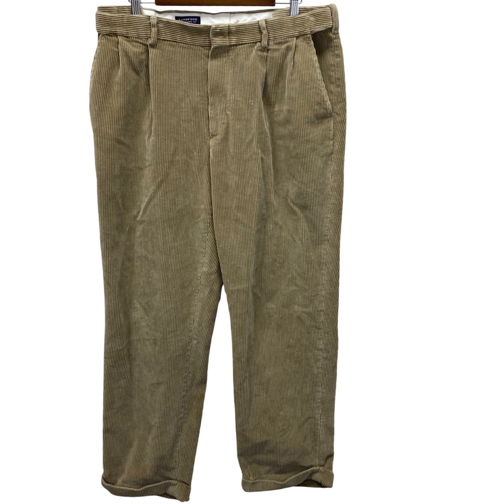 Lands End Beige Corduroy Pleated Pants Traditional Fit Mens 35 Cuffed VTG 90s